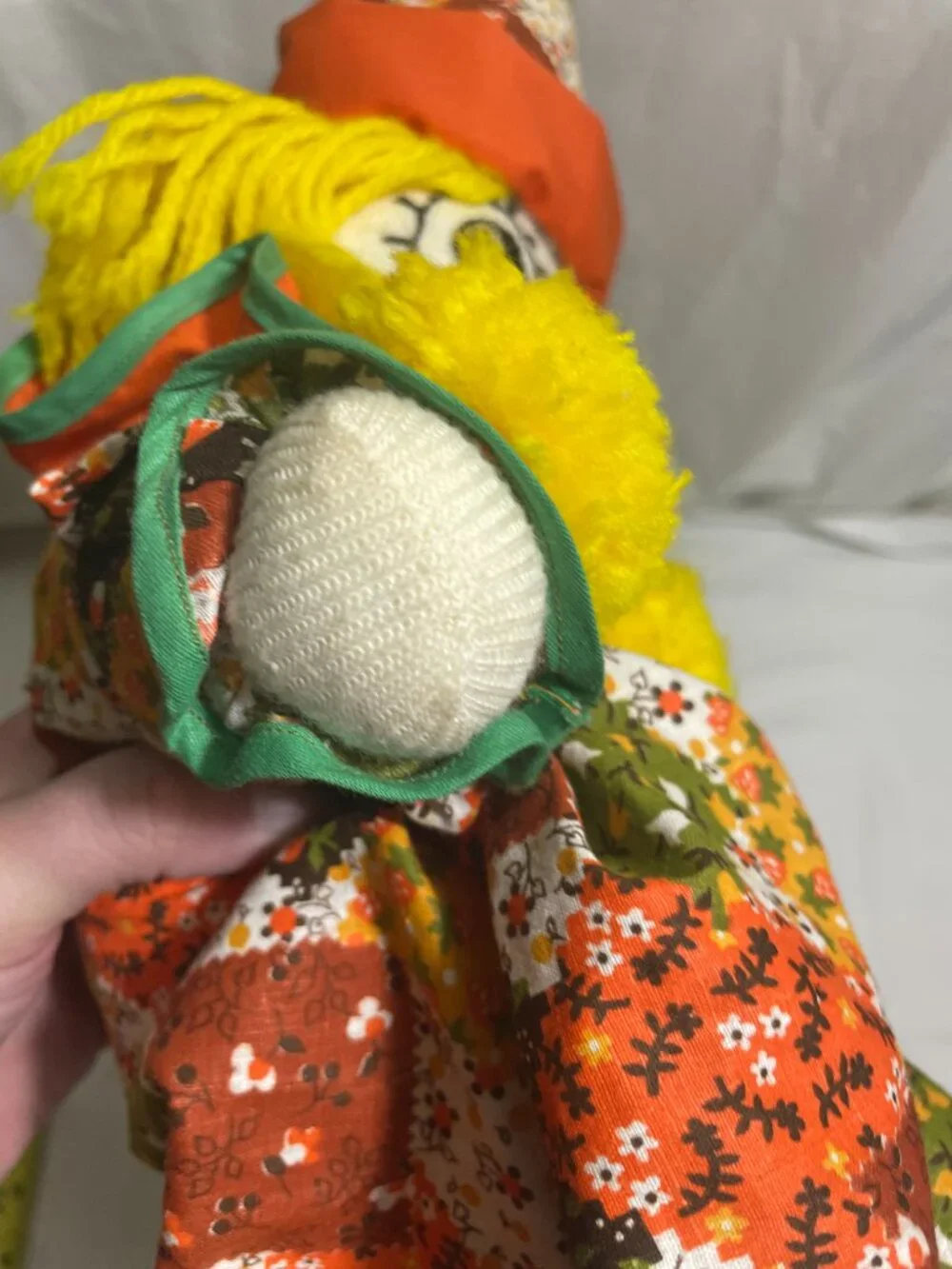 Vintage Handmade Rag Doll Clown Plush Stuffed Toy Yellow Yarn Hair Patchwork 20